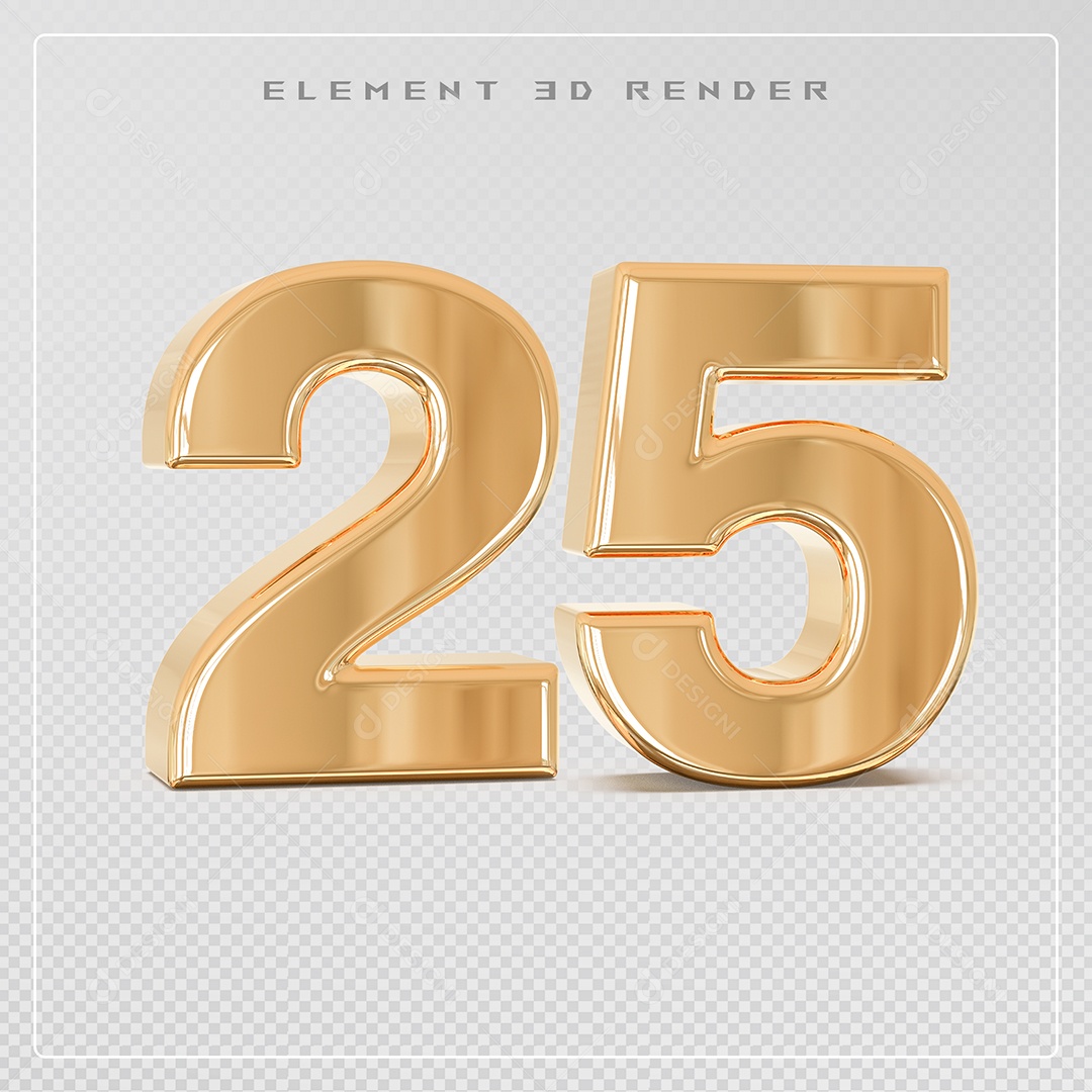 Elemento 3D Número 25 Dourado para Composição PSD