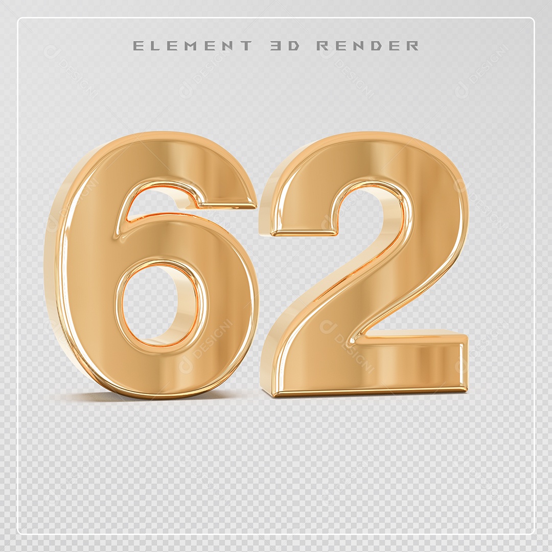 Elemento 3D Número 62 Dourado para Composição PSD