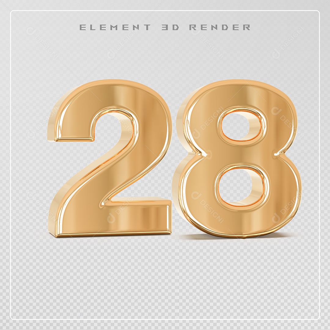 Elemento 3D Número 28 Dourado para Composição PSD