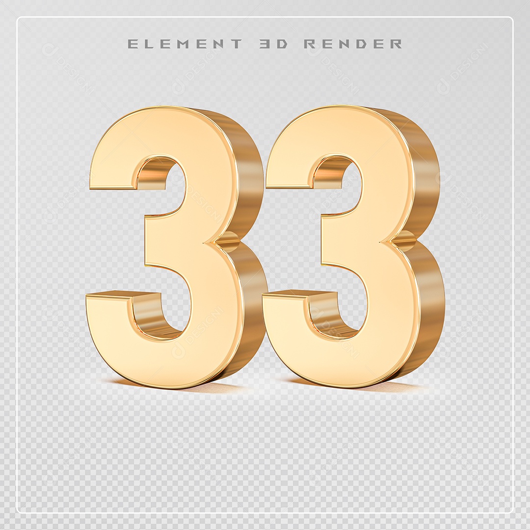 Elemento 3D Número 33 Dourado para Composição PSD