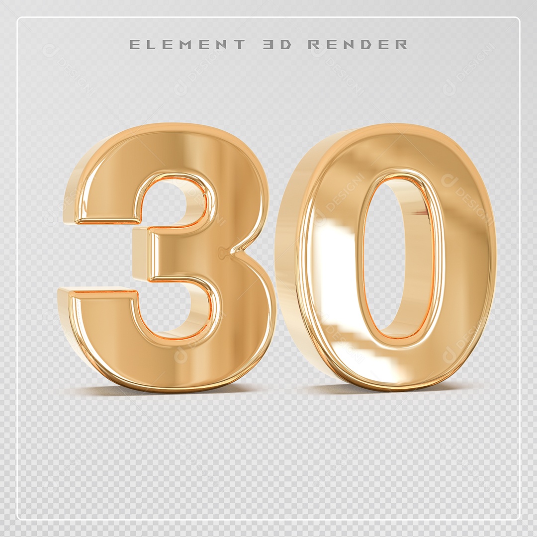 Elemento 3D Número 30 Dourado para Composição PSD