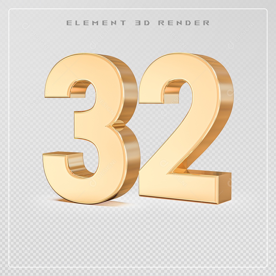 Elemento 3D Número 32 Dourado para Composição PSD