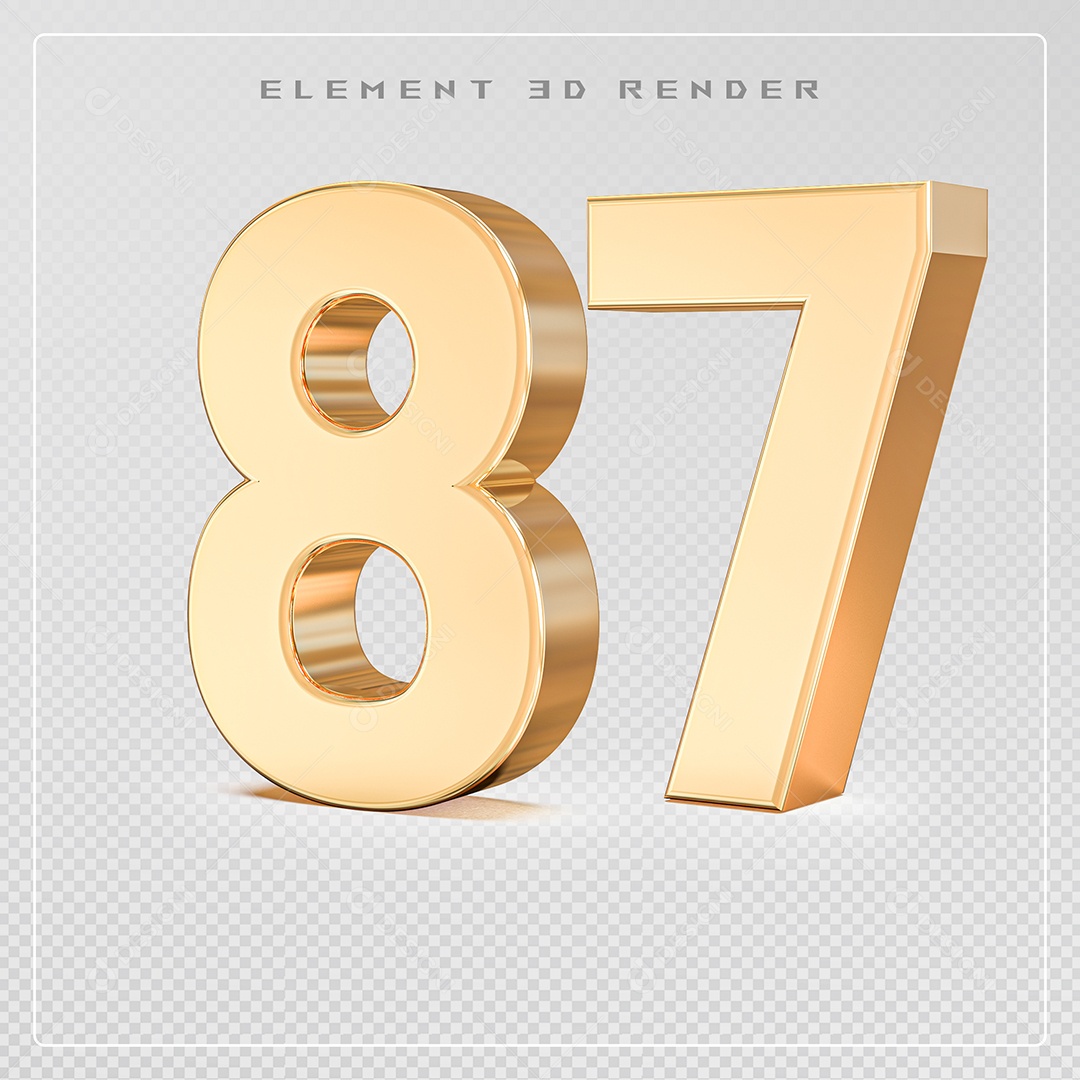 Elemento 3D Número 87 Dourado para Composição PSD