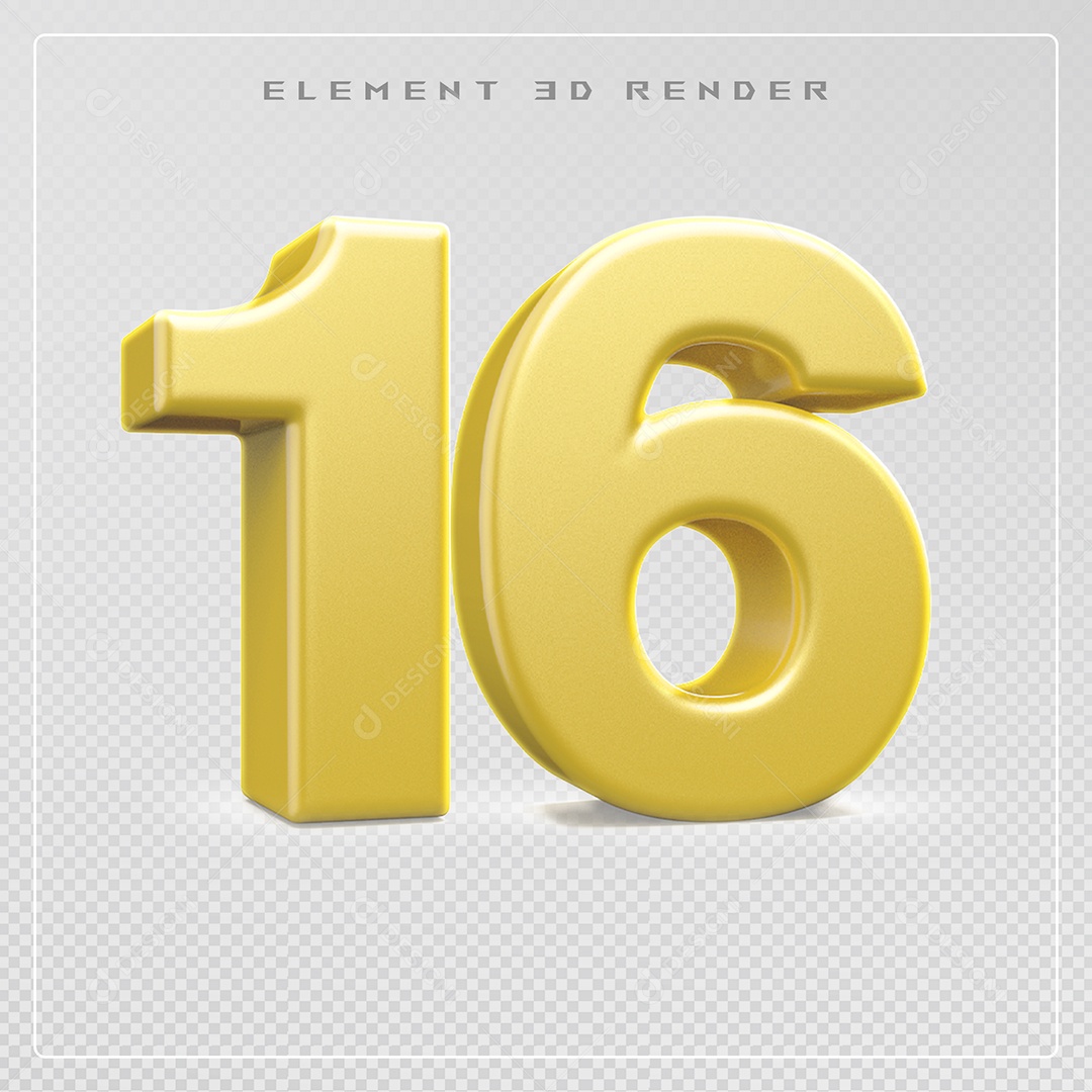 Elemento 3D Número 16 Dourado para Composição PSD