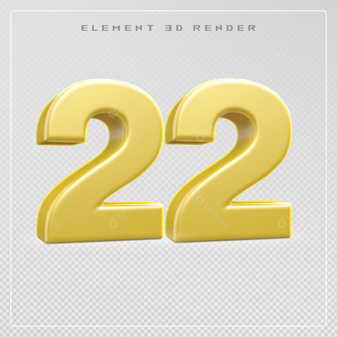 Elemento 3D Número 22 Dourado para Composição PSD
