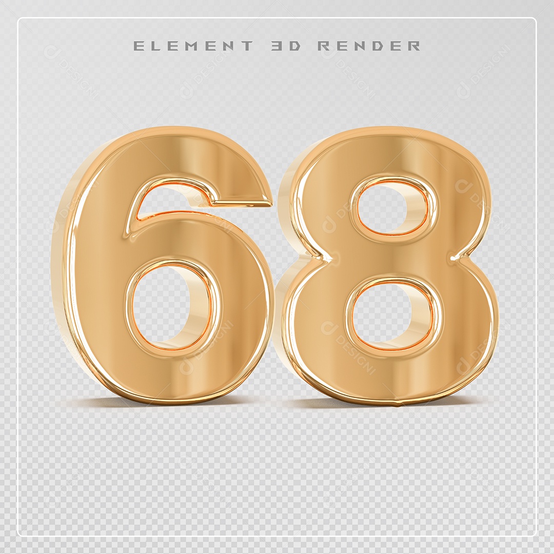 Elemento 3D Número 68 Dourado para Composição PSD