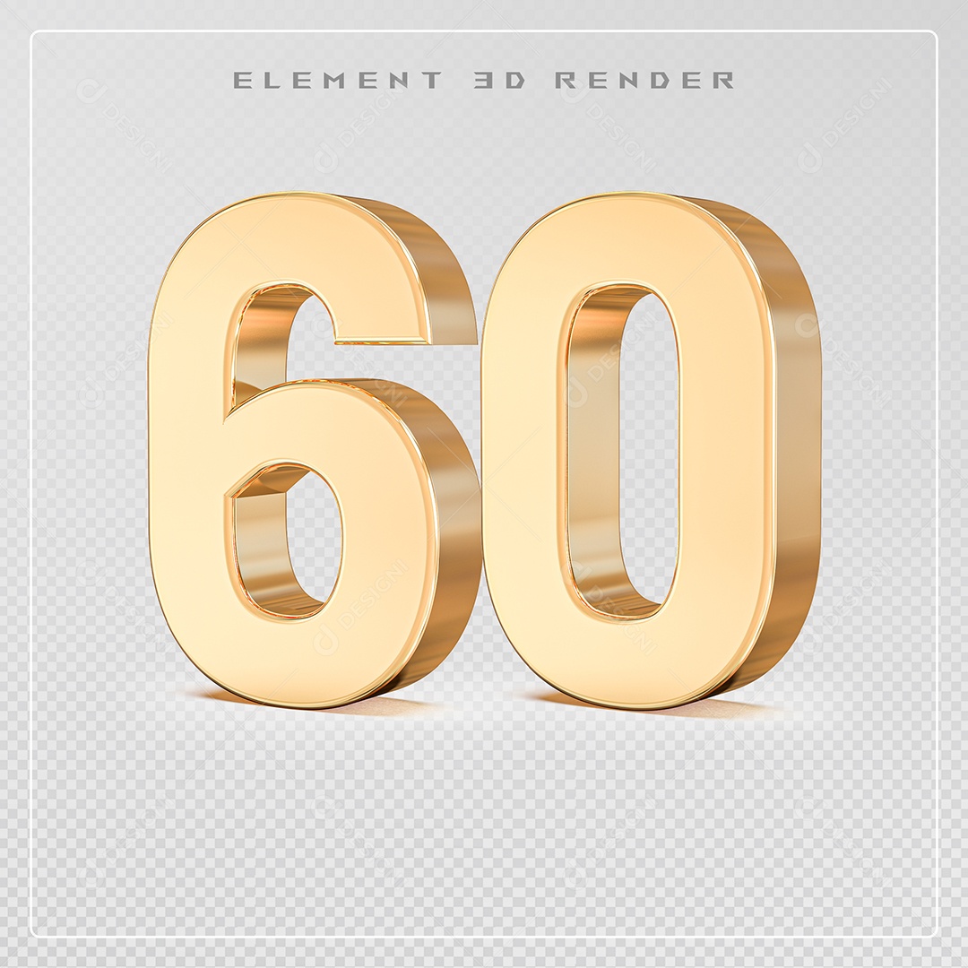 Elemento 3D Número 60 Dourado para Composição PSD