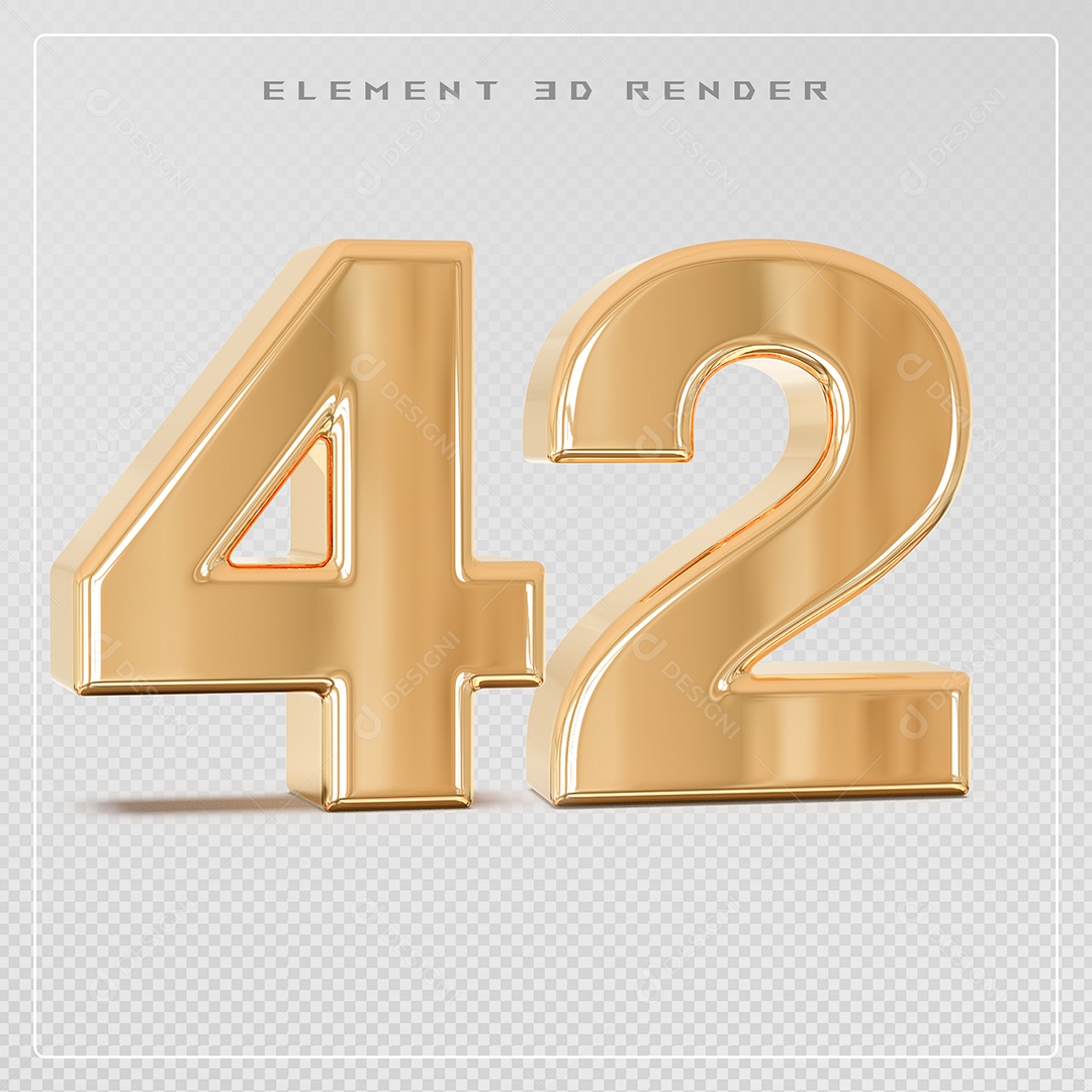 Elemento 3D Número 42 Dourado para Composição PSD