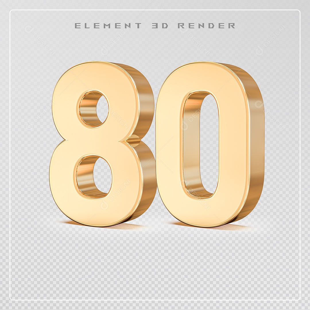 Elemento 3D Número 80 Dourado para Composição PSD