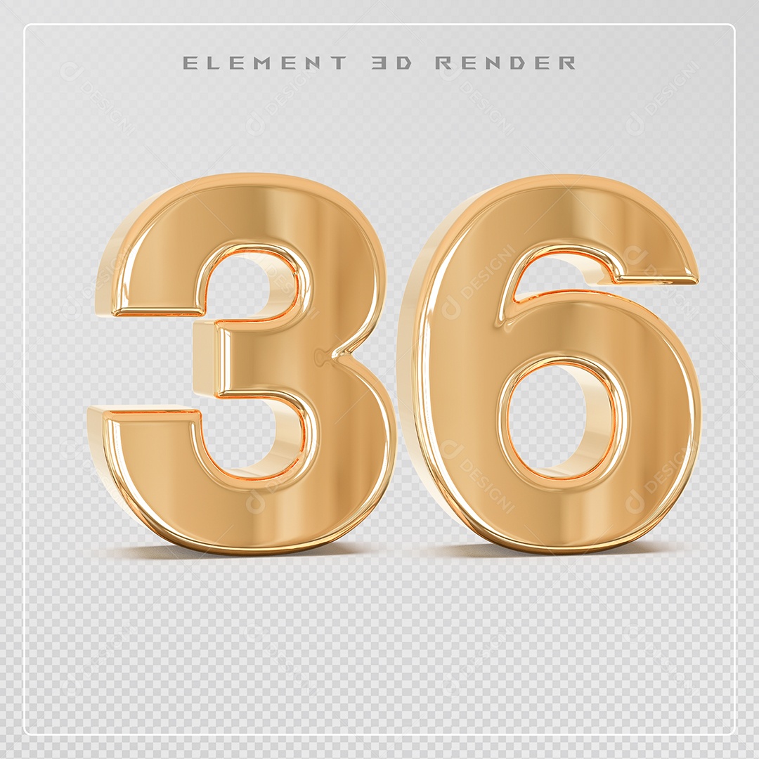 Elemento 3D Número 36 Dourado para Composição PSD