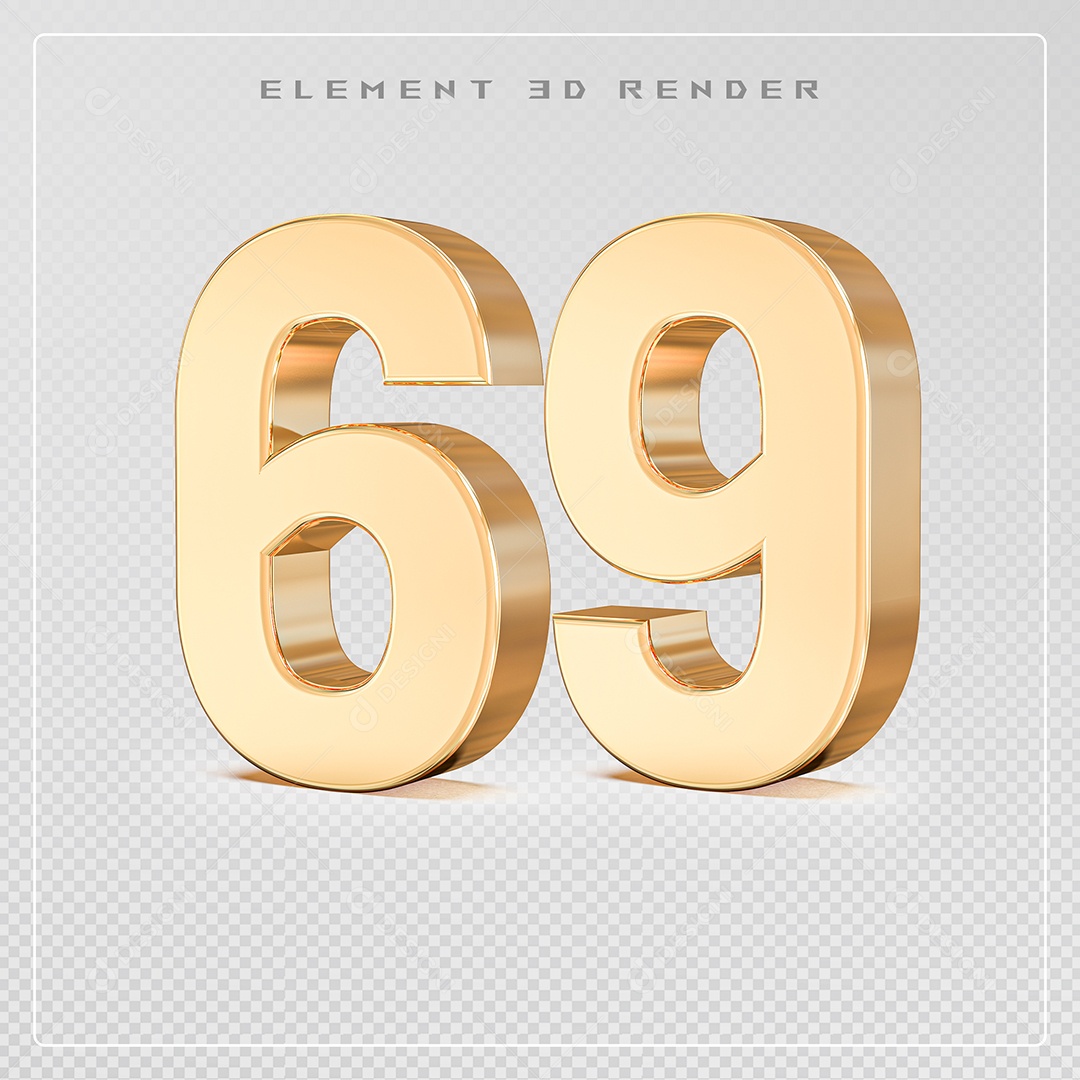 Elemento 3D Número 69 Dourado para Composição PSD