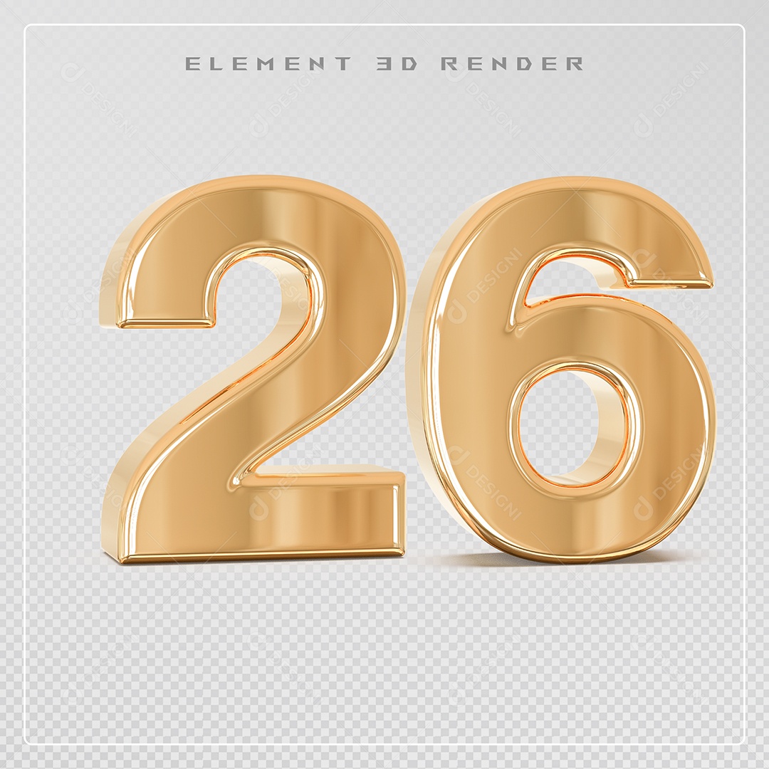 Elemento 3D Número 26 Dourado para Composição PSD