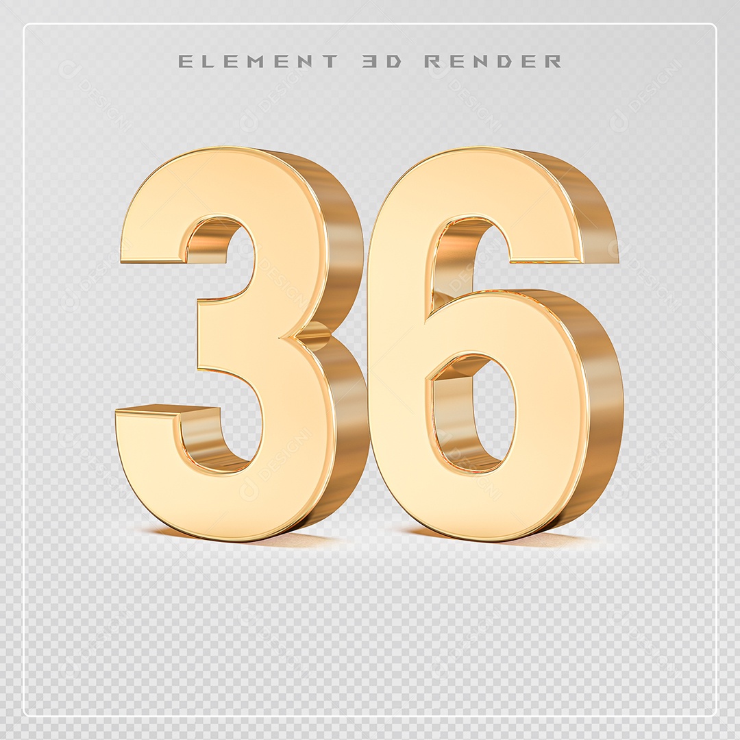 Elemento 3D Número 36 Dourado para Composição PSD