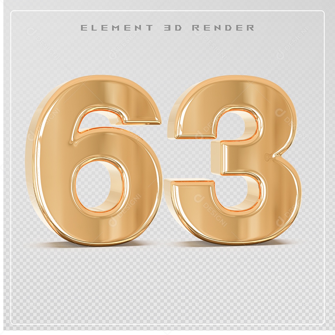 Elemento 3D Número 63 Dourado para Composição PSD