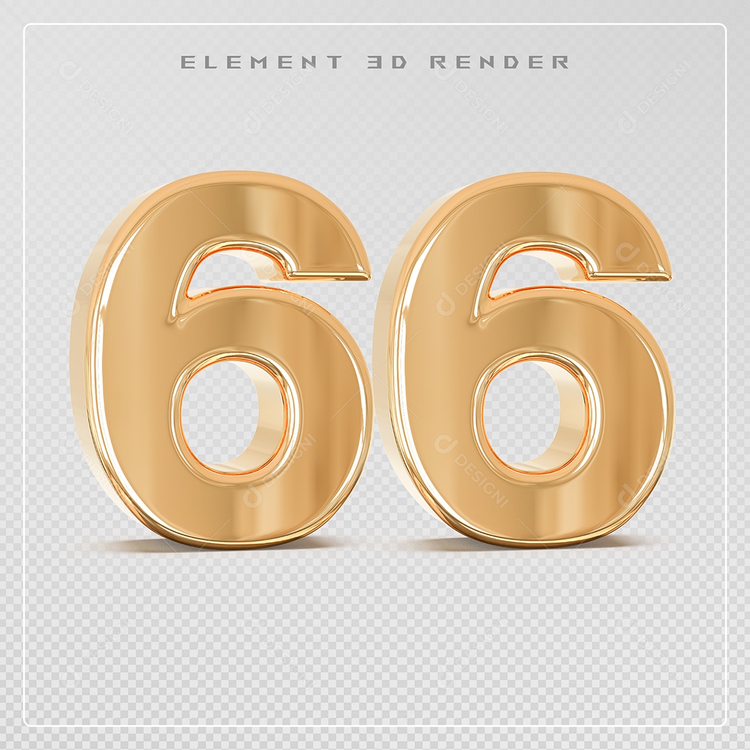 Elemento 3D Número 66 Dourado para Composição PSD