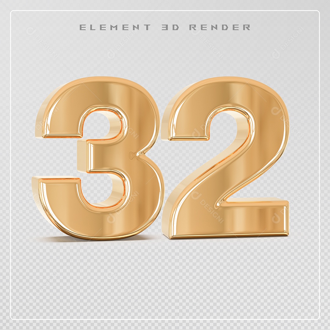 Elemento 3D Número 32 Dourado para Composição PSD