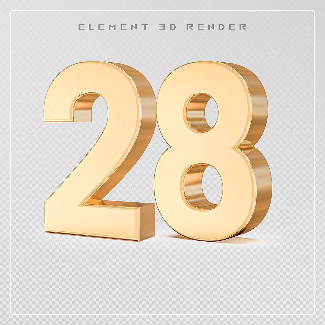 Elemento 3D Número 28 Dourado para Composição PSD