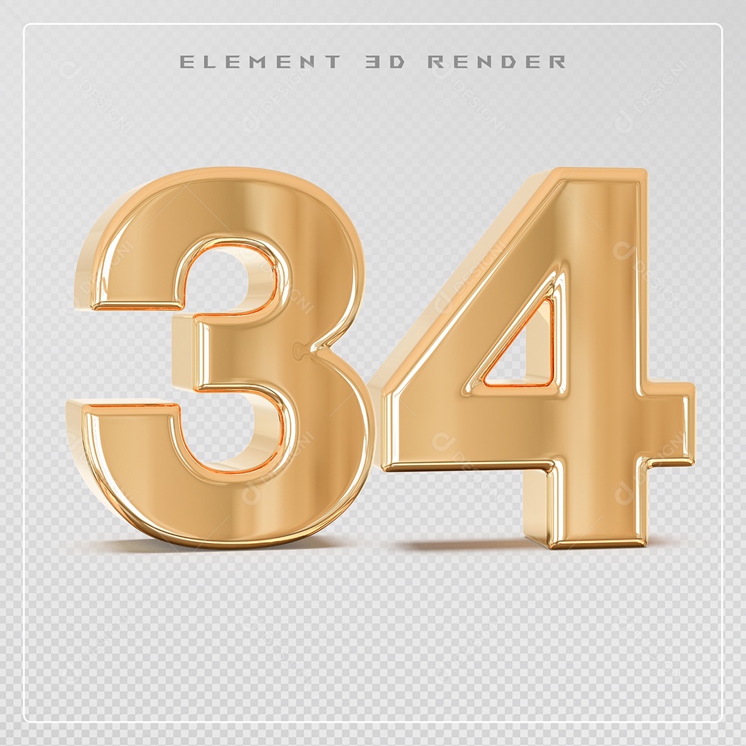Elemento 3D Número 34 Dourado para Composição PSD