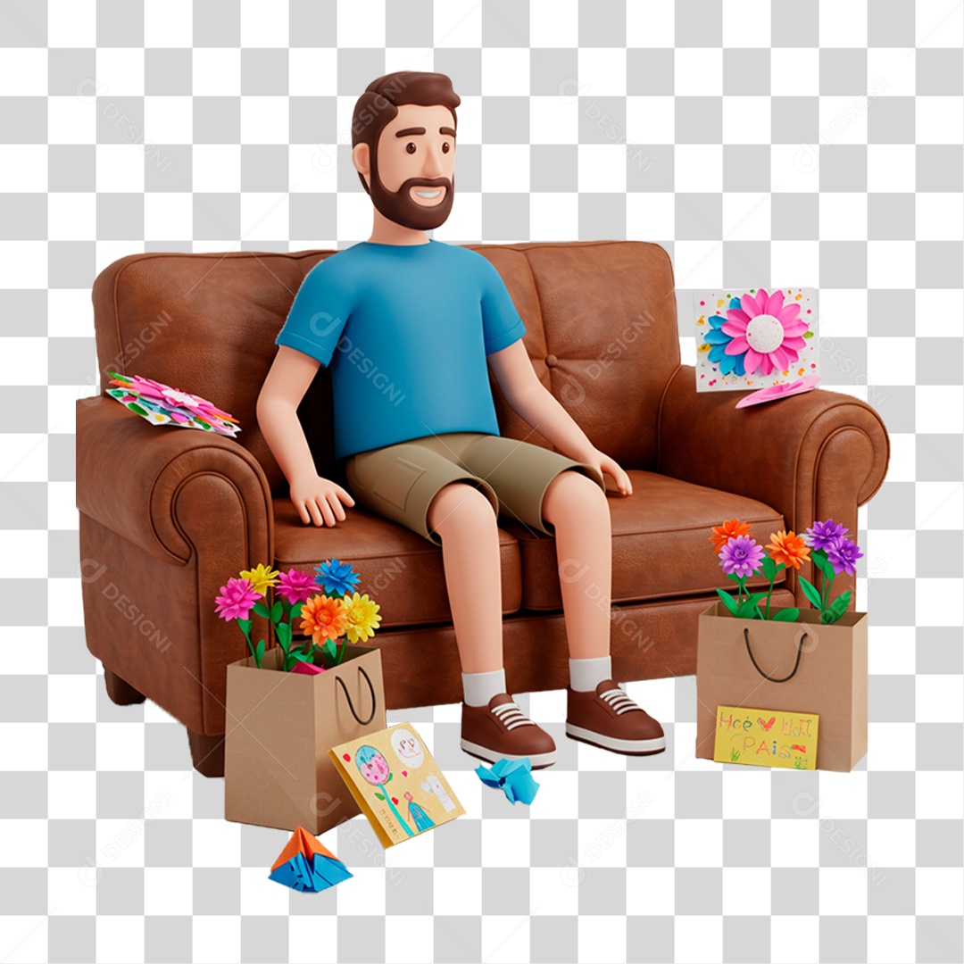 Personagem Homem Sentado no Sofá com Presentes PNG Transparente