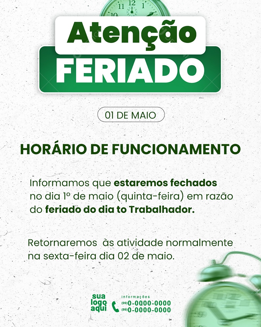 Feed Aviso Horário de Funcionamento no Feriado 01 Maio Social Media PSD Editável
