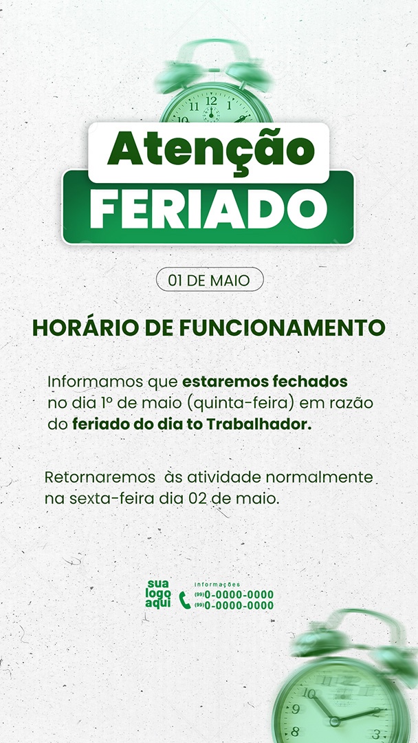 Story Aviso Horário de Funcionamento no Feriado 01 Maio Social Media PSD Editável