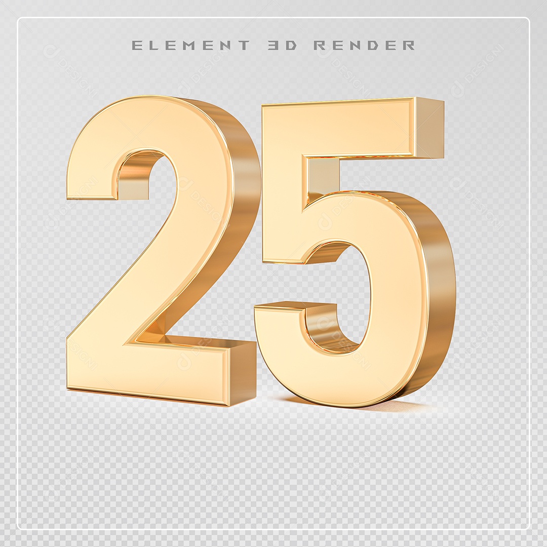 Elemento 3D Número 25 Dourado para Composição PSD
