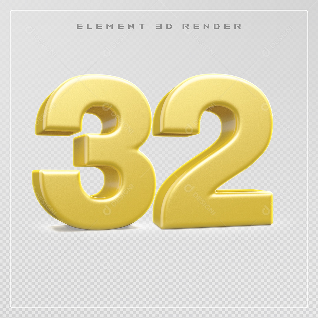 Elemento 3D Número 32 Dourado para Composição PSD