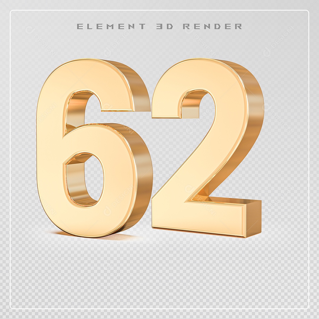 Elemento 3D Número 62 Dourado para Composição PSD