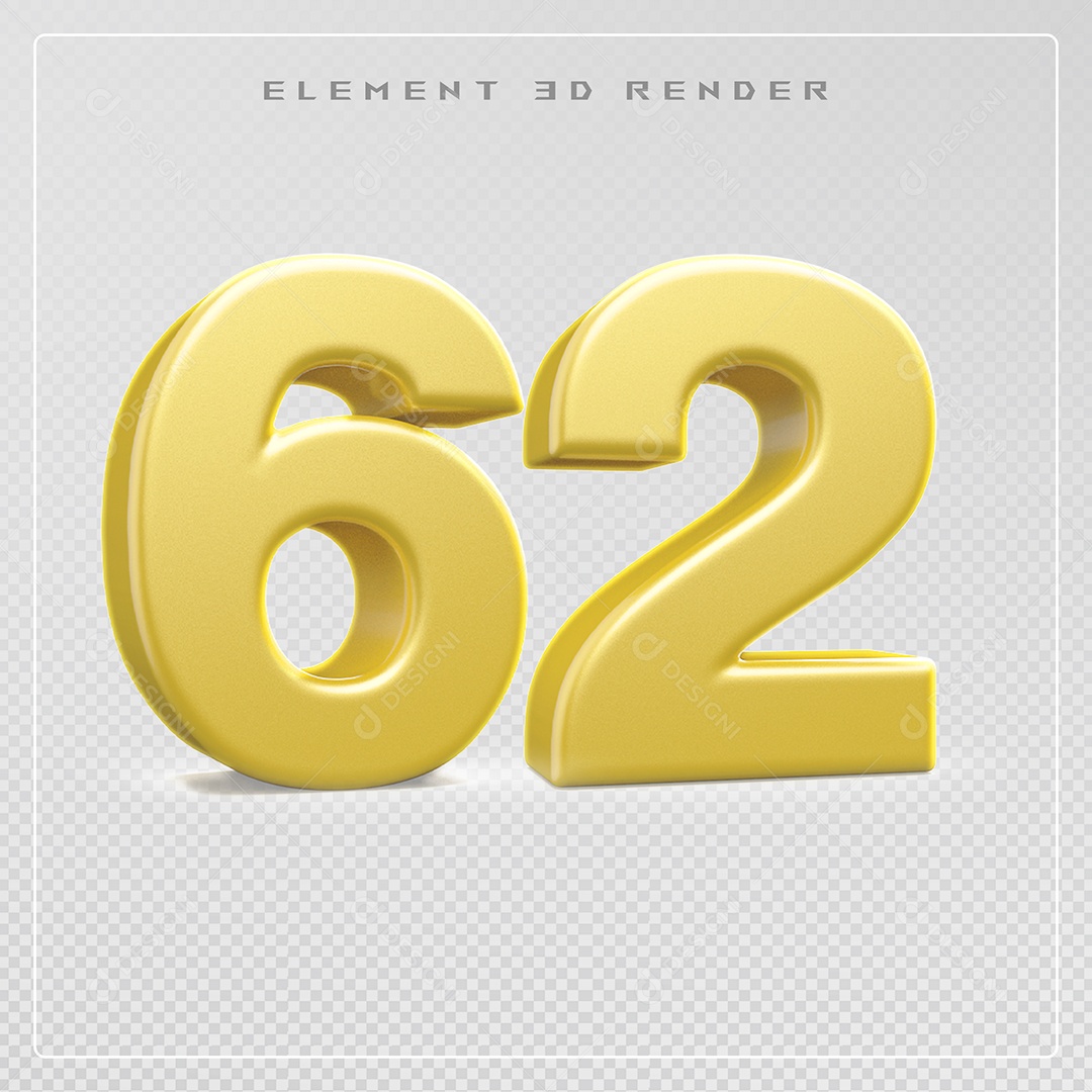 Elemento 3D Número 62 Dourado para Composição PSD