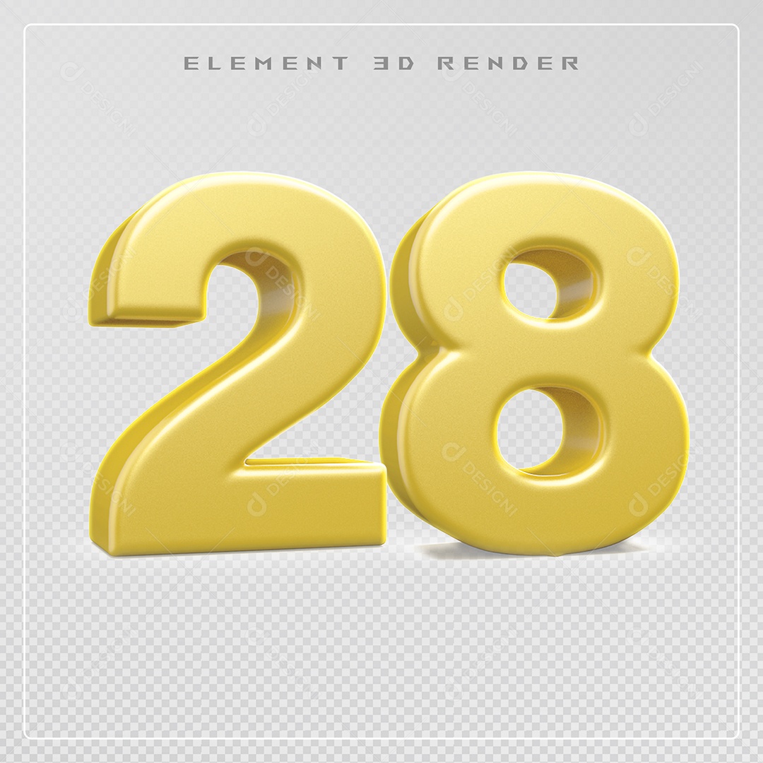 Elemento 3D Número 28 Dourado para Composição PSD