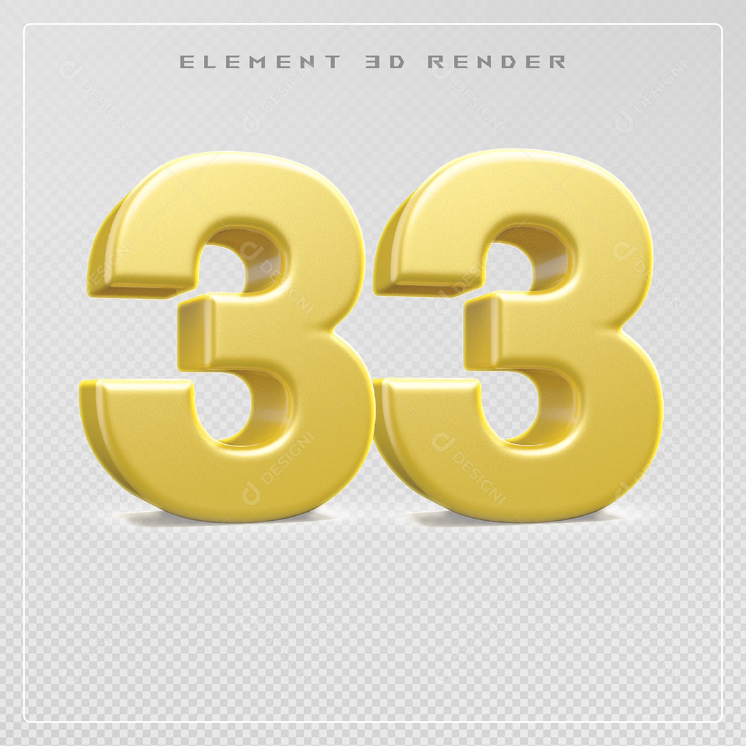 Elemento 3D Número 33 Dourado para Composição PSD