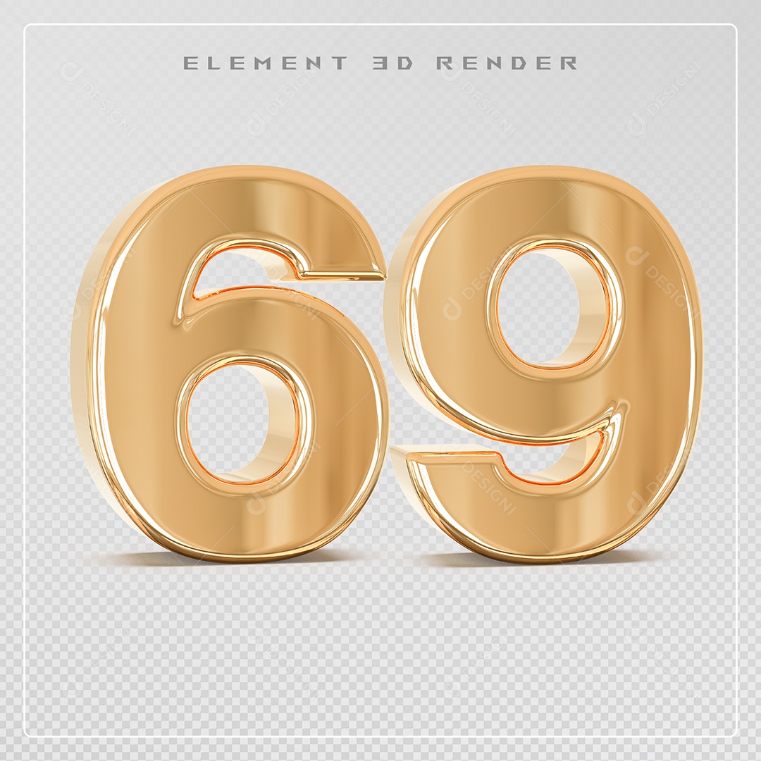 Elemento 3D Número 69 Dourado para Composição PSD