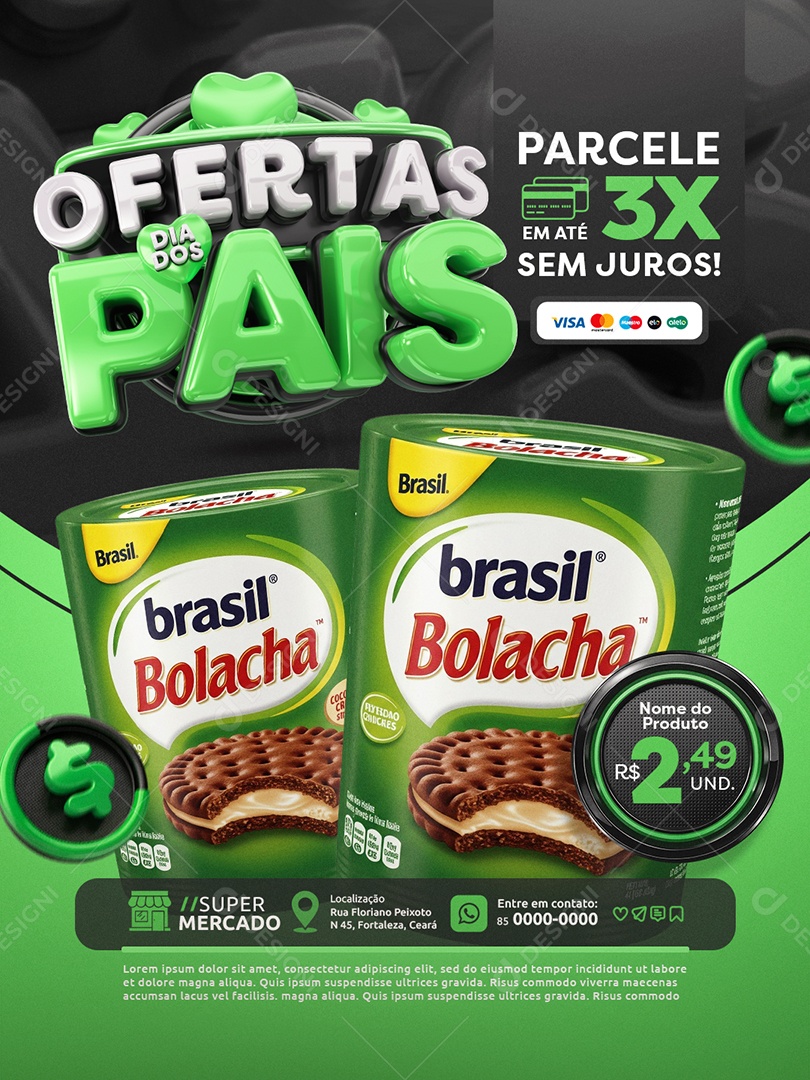 Ofertas Dia dos Pais Mercado Bolacha Parcele em Até 3x Sem Juros Social Media PSD Editável