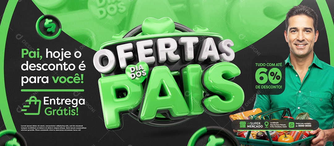 Banner Ofertas Dia dos Pais Mercado Tudo com Até 60% de Desconto Social Media PSD Editável