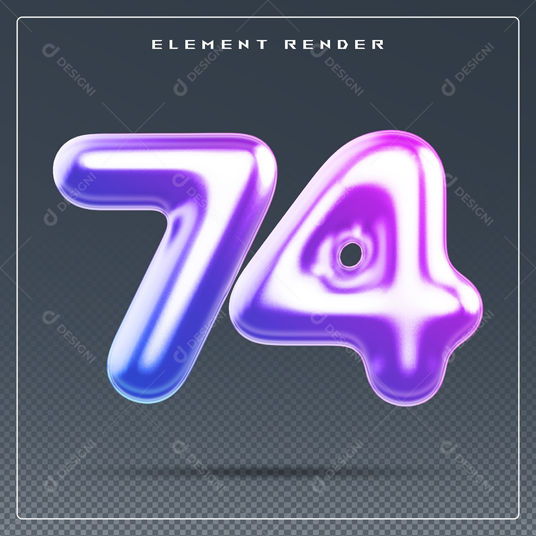 Elemento 3D Número 74 Colorido para Composição PSD
