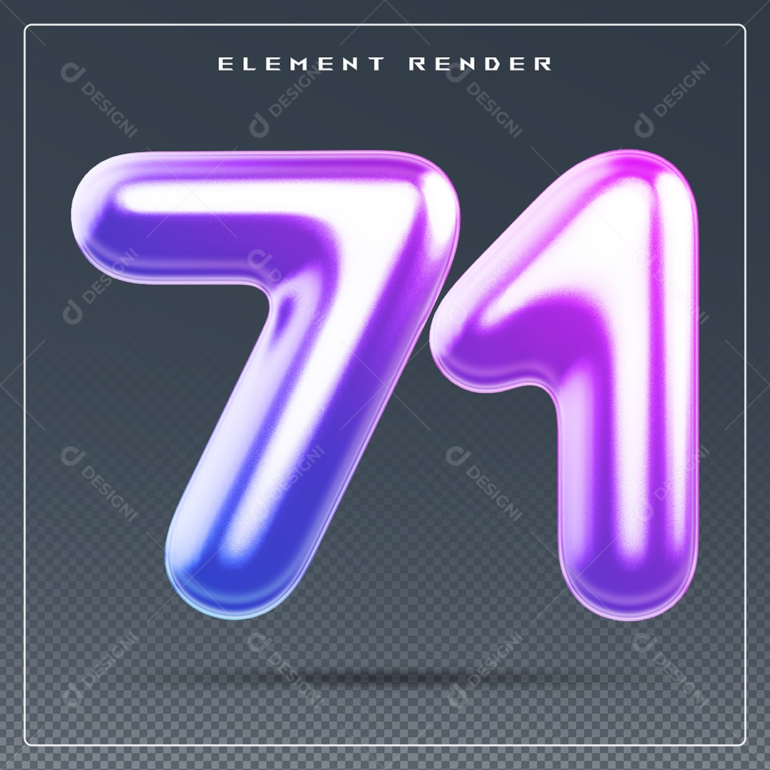 Elemento 3D Número 71 Colorido para Composição PSD