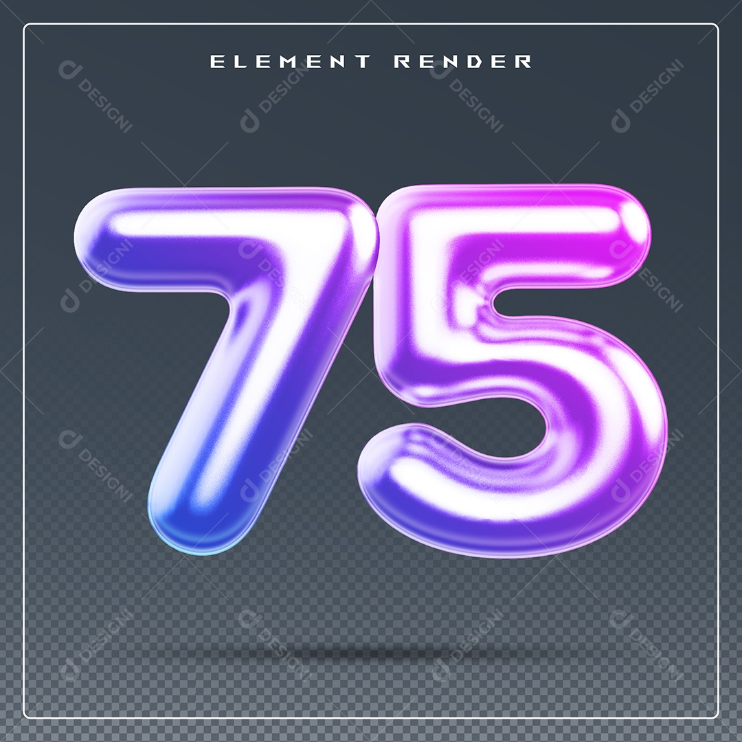 Elemento 3D Número 75 Colorido para Composição PSD