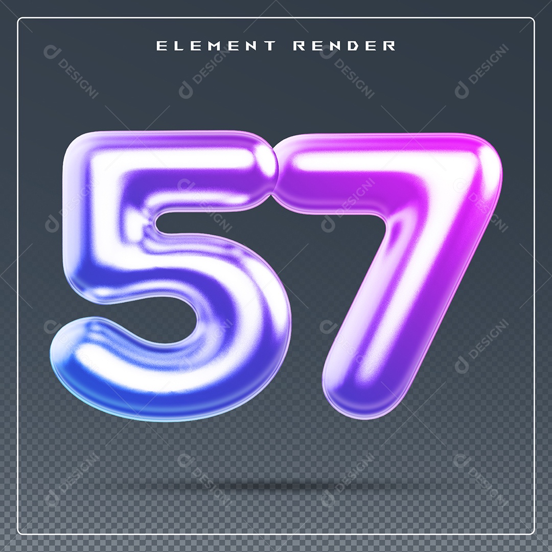 Elemento 3D Número 57 Colorido para Composição PSD