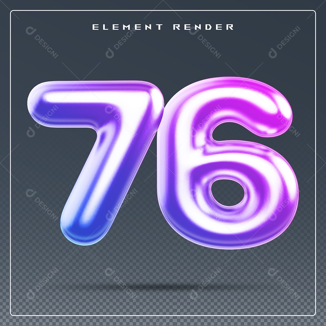 Elemento 3D Número 76 Colorido para Composição PSD