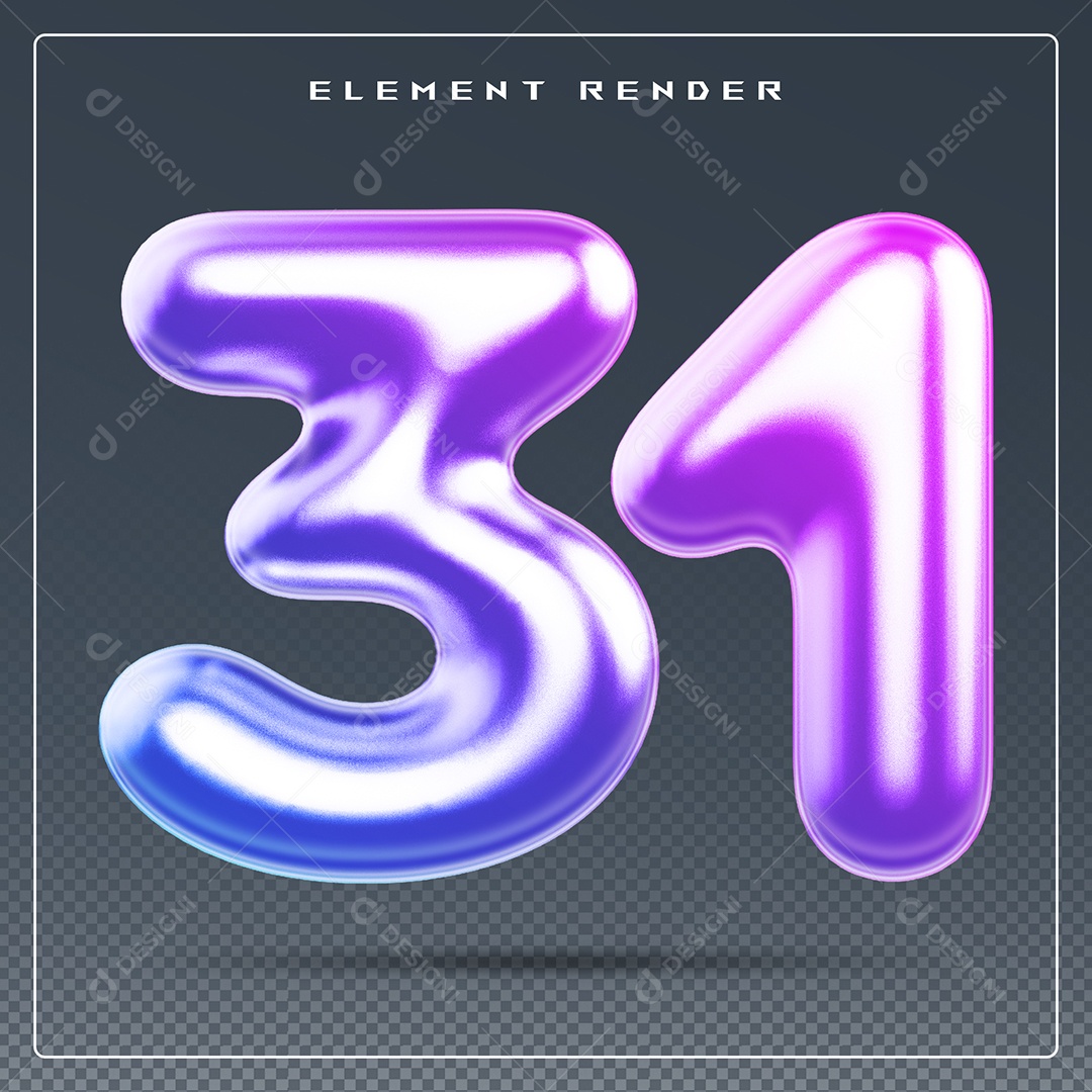Elemento 3D Número 31 Colorido para Composição PSD