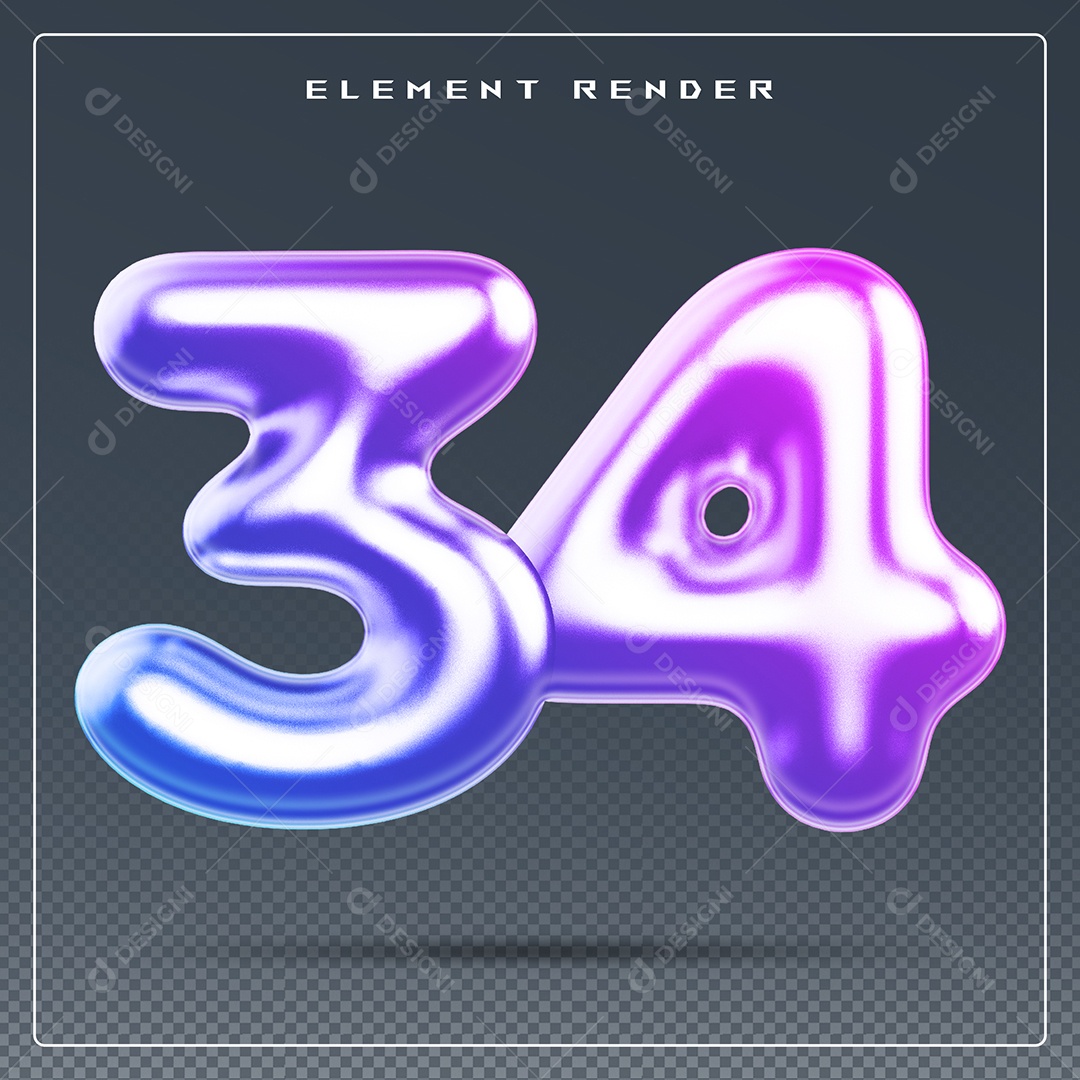 Elemento 3D Número 34 Colorido para Composição PSD