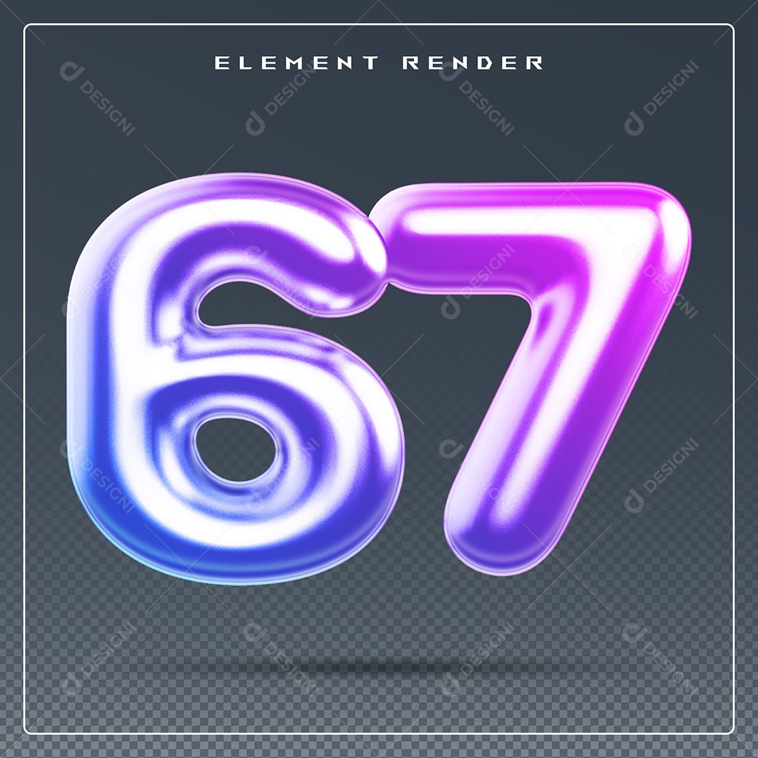 Elemento 3D Número 67 Colorido para Composição PSD