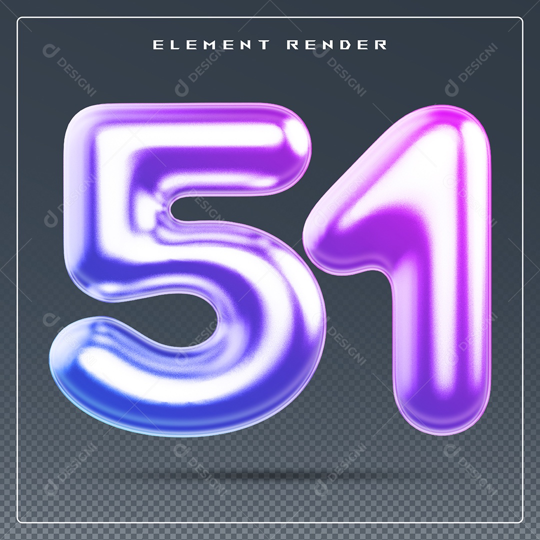 Elemento 3D Número 51 Colorido para Composição PSD