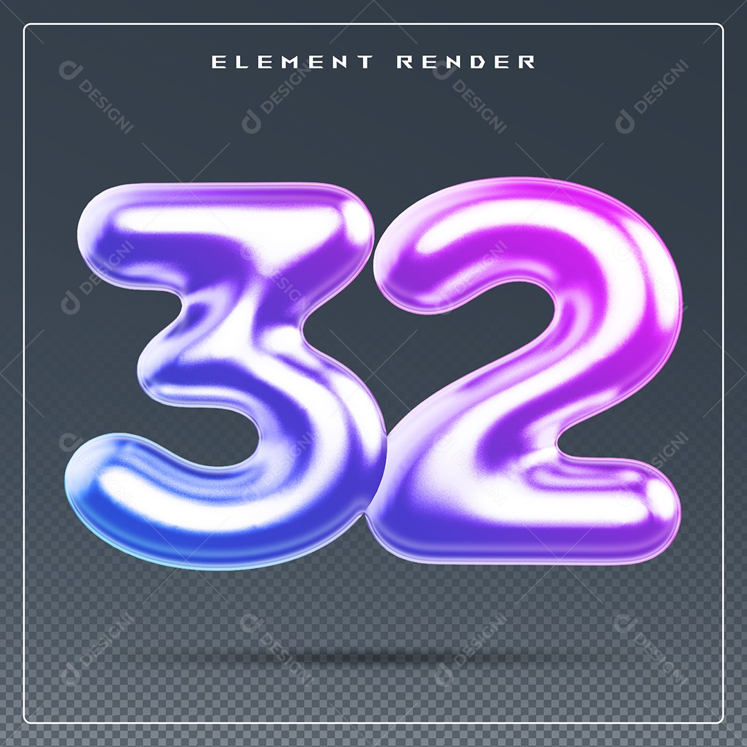Elemento 3D Número 32 Colorido para Composição PSD