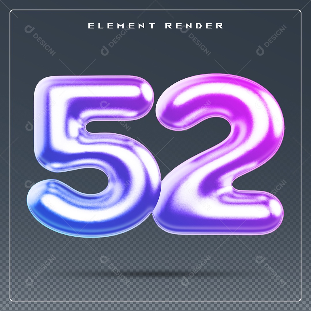 Elemento 3D Número 52 Colorido para Composição PSD