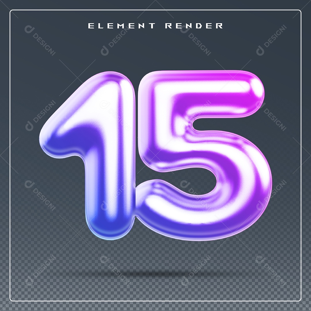 Elemento 3D Número 15 Colorido para Composição PSD