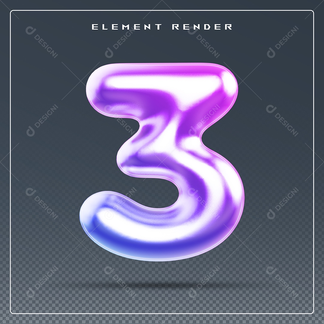 Elemento 3D Número 3 Colorido para Composição PSD