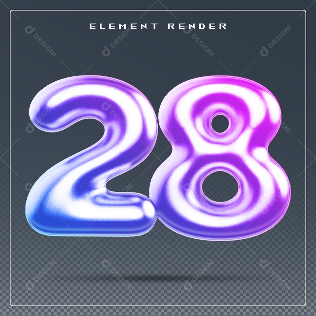 Elemento 3D Número 28 Colorido para Composição PSD