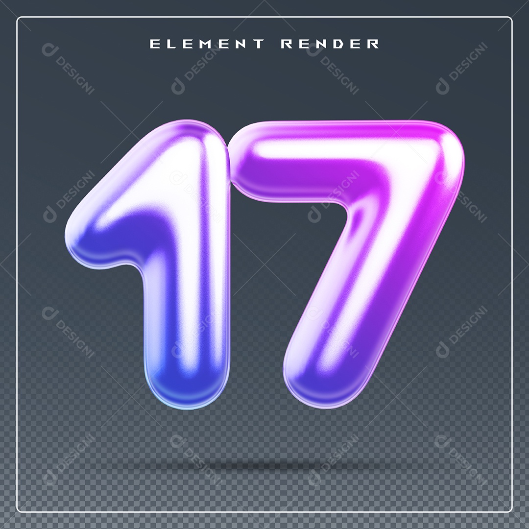 Elemento 3D Número 17 Colorido para Composição PSD