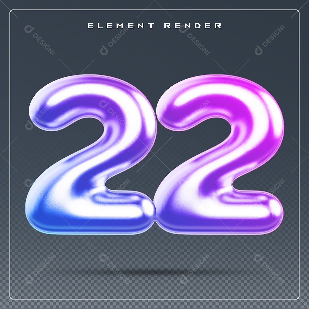 Elemento 3D Número 22 Colorido para Composição PSD